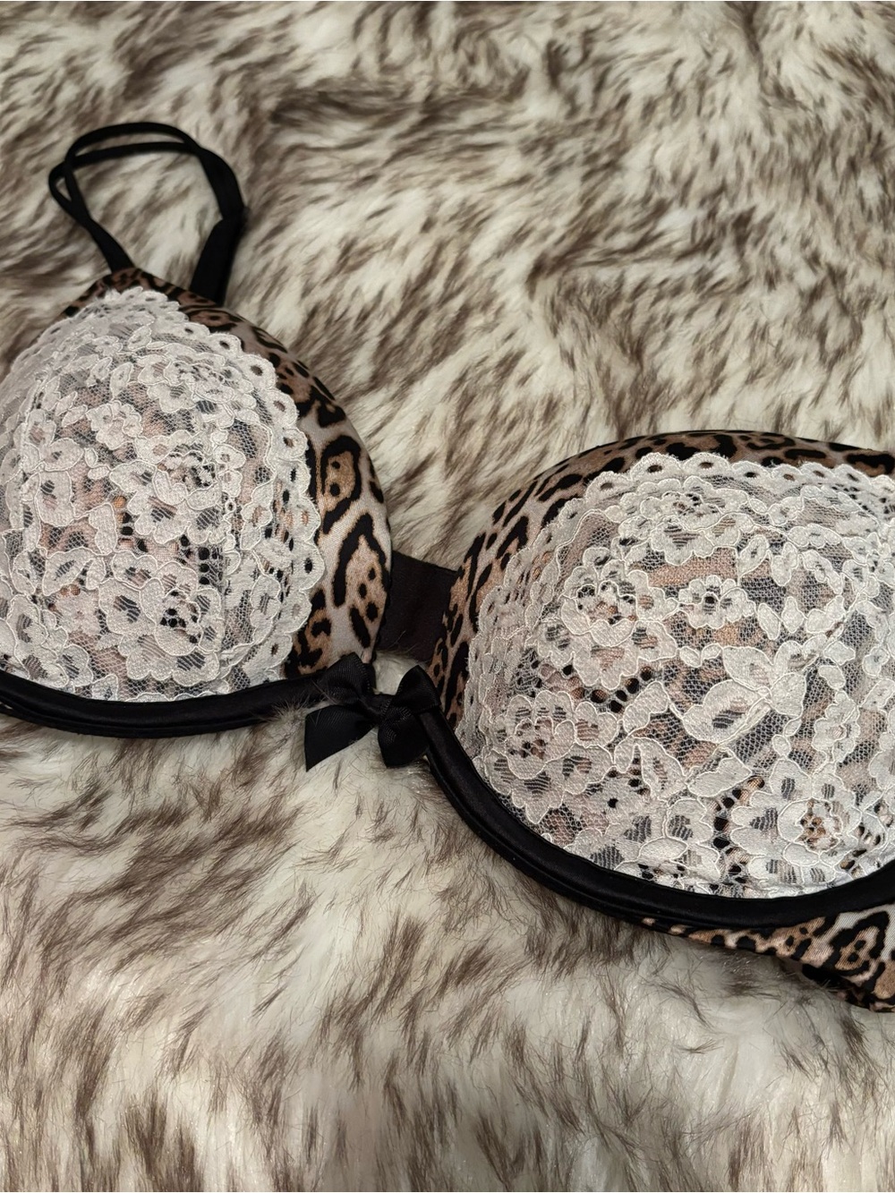 Vtg Victoria’s Secret Leopard Print Lace Overlay Push-Up Bra - Black/Beige